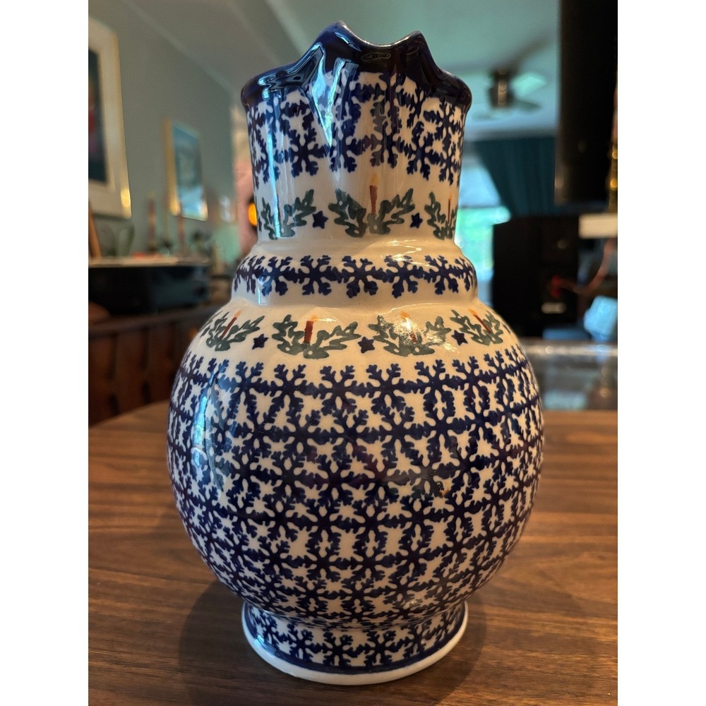 Boleslawiec Polish Pottery Pitcher Snowflake Holly Candle Hand Made Poland Blue - Picture 4 of 10